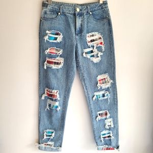 House of Holland Plaid Patchwork Distressed Jeans
